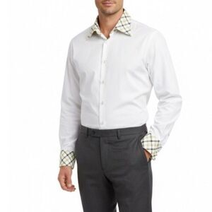 New Gen Men's Retro White Green Plaid Collar French Cuffs Dress Shirt 17-17.5